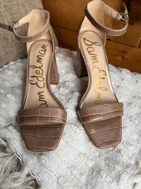 Sam Edelman Brown Croc-Embossed Block Heel Sandals